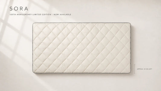 SORA 150th Anniversary Limited Edition laid flat, showing the ivory quilted surface, gray piping, and generous approx. 12 cm loft