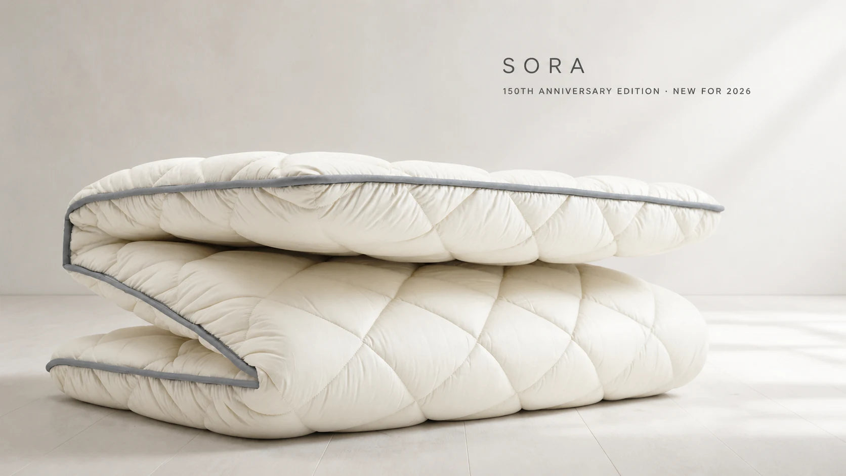 SORA 150th Anniversary Limited Edition folded in three, showing its generous loft and calm gray piping